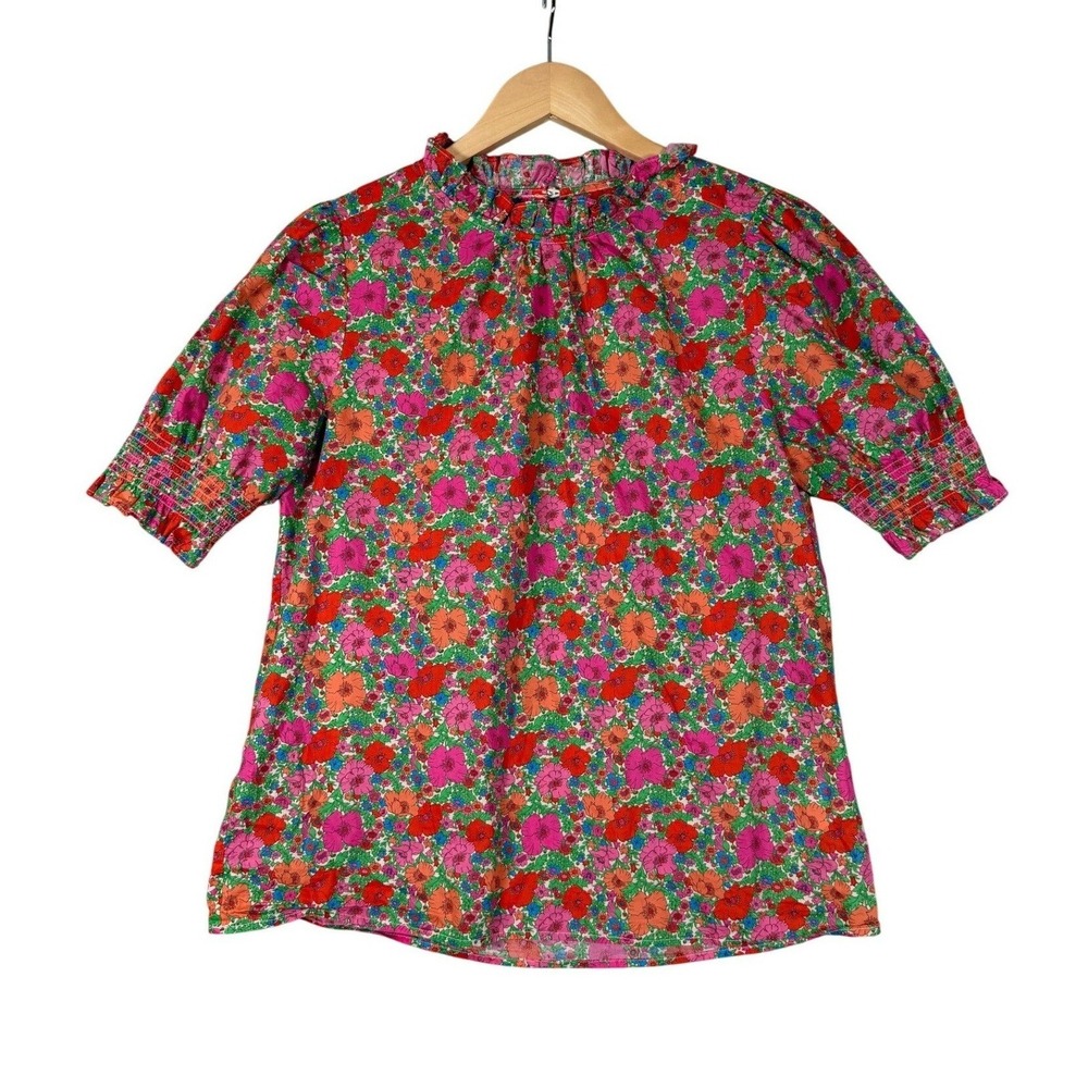J.Crew Floral Puff Sleeve Blouse Size 10 Pink Red Ruffle Neck Smocked Cuff